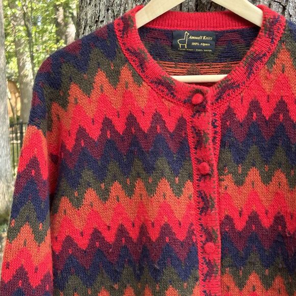 Amwell Knits Alpaca Cardigan Sweater Women's Colorful Zig Zag Stripe Size XL L?? - Picture 3 of 6